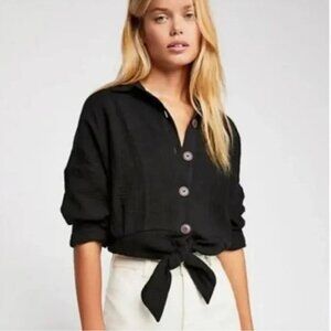Free People Sunstreaks Black Cotton Gauze Button Front Tie Shirt